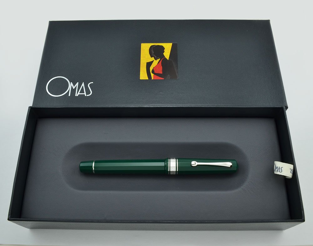 Omas 1930 Model Fountain Pen - Green w Silver Trim, 18k Fine Nib